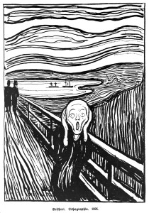 L0011212 "The scream". Credit: Wellcome Library, London. Wellcome Images images@wellcome.ac.uk http://wellcomeimages.org "The scream". Lithograph 1895 By: Edvard MunchPublished:  -  Copyrighted work available under Creative Commons Attribution only licence CC BY 4.0 http://creativecommons.org/licenses/by/4.0/